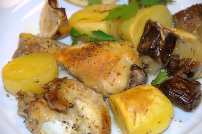 Bergamotten-Hühnchen mit Artischocken